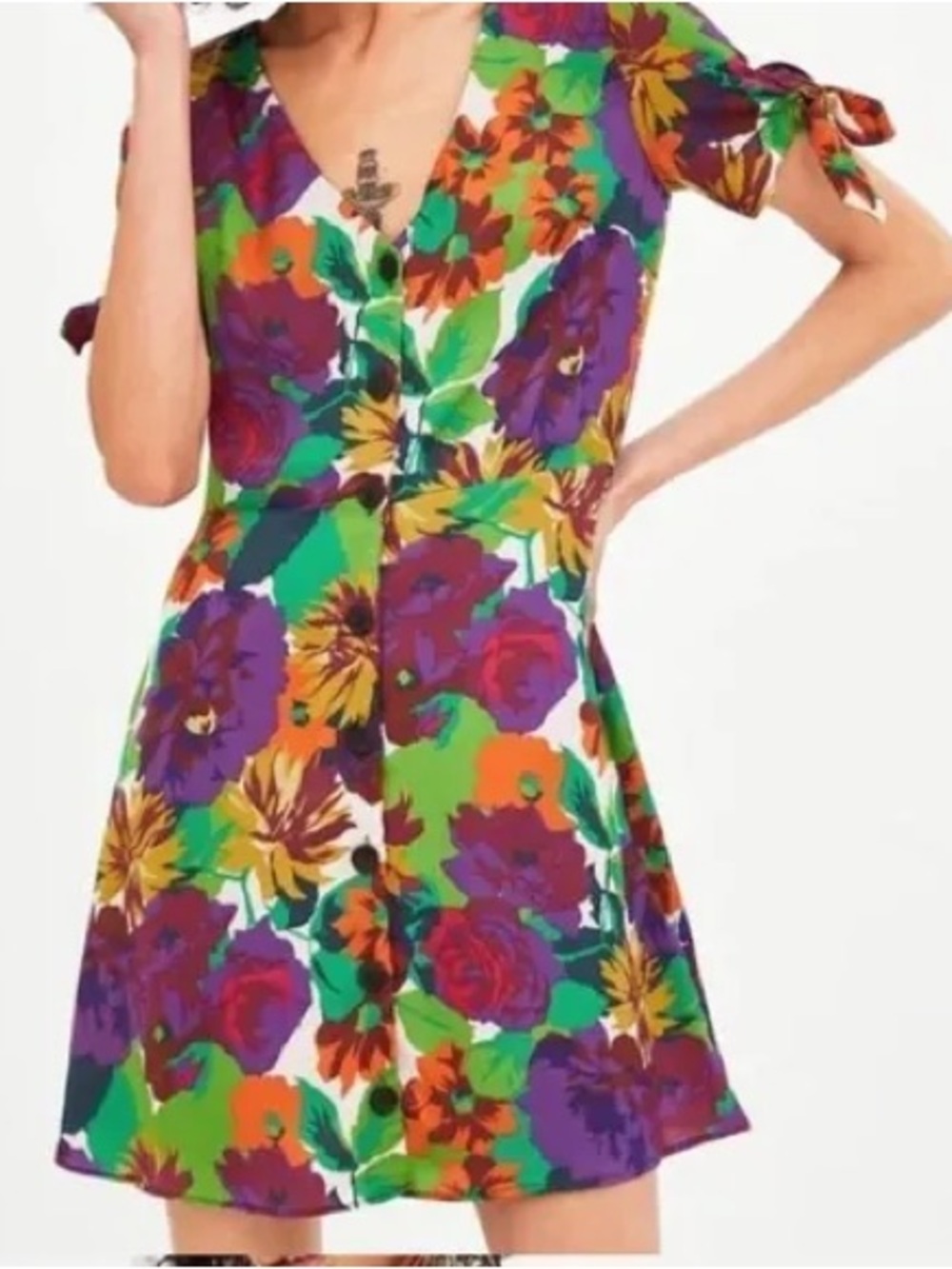 Zara Multicolor Floral V-Neck Button Mini Dress